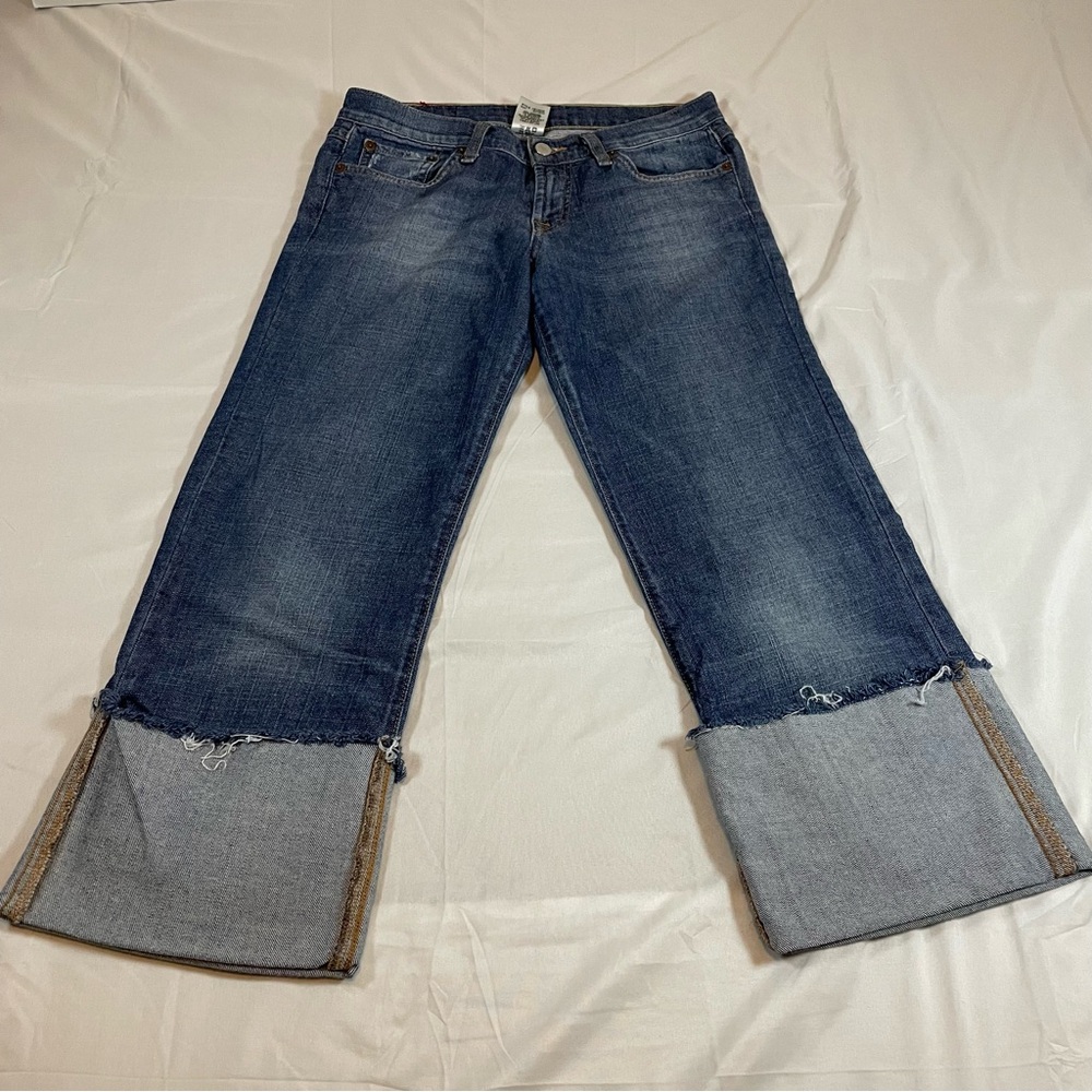 Lucky Brand Mid Rise Flare Jeans Womens 6/28 Blue Denim Raw‎ Edge Oversized Cuff